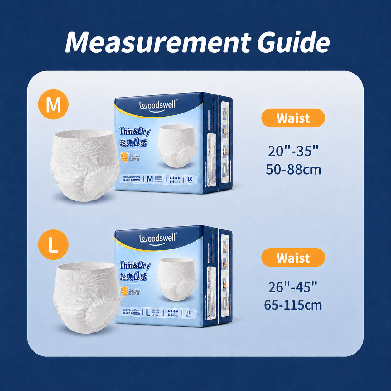 Measurement guide for Woodwell Thin & Dry diapers pants showing size M and L waist measurements with diaper package and diaper illustrations on a dark blue background.