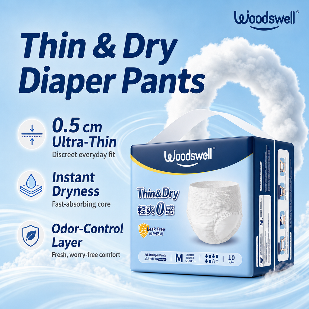 Woodswell Thin & Dry adult diaper pants in Singapore with 0.5 cm ultra-thin fit, instant dryness and odor control.