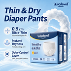 Woodswell Thin & Dry adult diaper pants in Singapore with 0.5 cm ultra-thin fit, instant dryness and odor control.